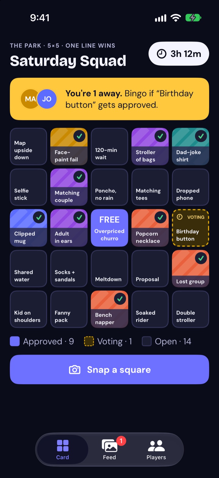 The bingo card in dark mode, with approved photo squares, a voting square and a free center square.