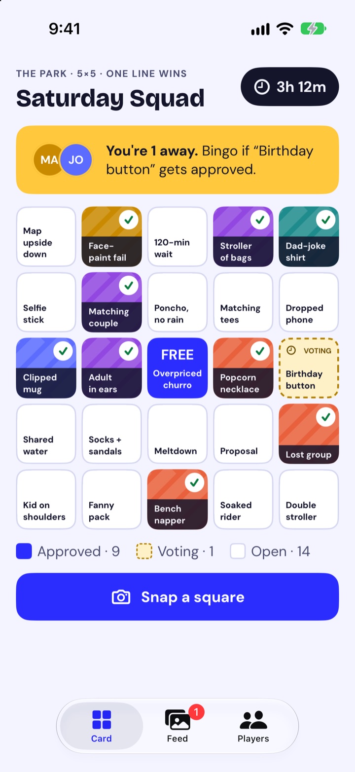 A 5×5 bingo card in Theme Park Bingo. Nine squares are approved with photos, one is being voted on, and a banner says “You're 1 away.”