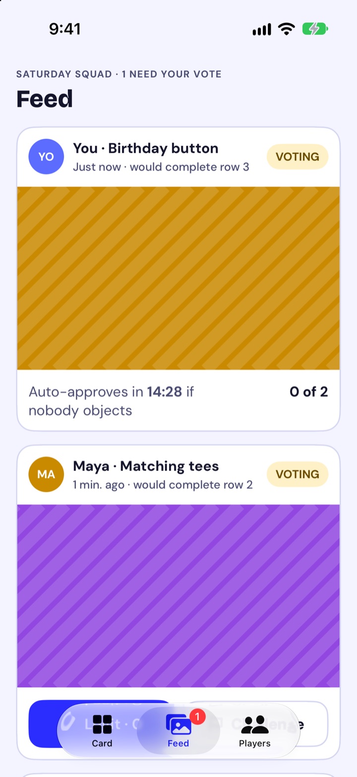The vote feed showing a friend's photo waiting for votes and your own photo auto-approving in one minute.