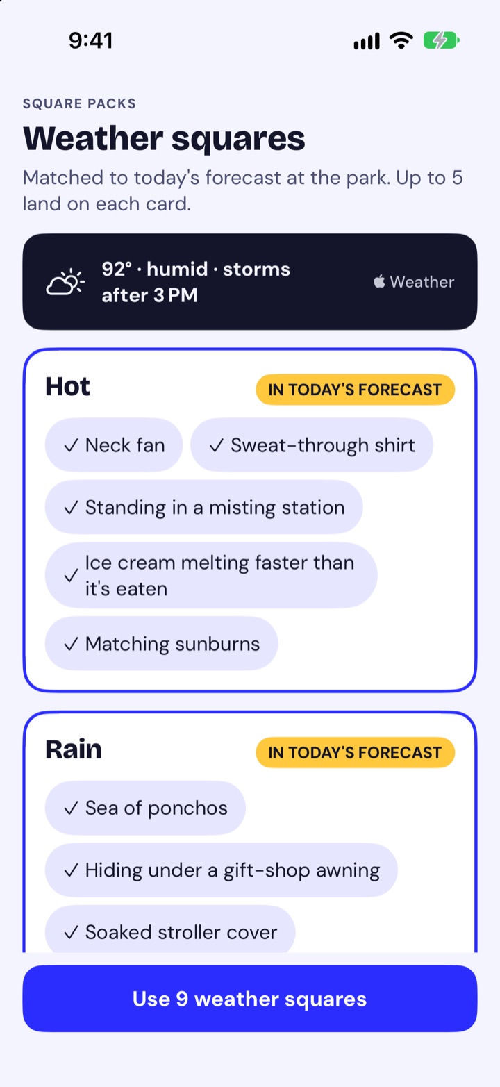 Weather squares matched to a hot, humid forecast with storms after 3 PM.
